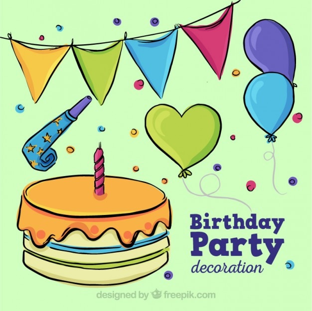 Pastel de cumpleaños dibujado a mano con elementos de decoración