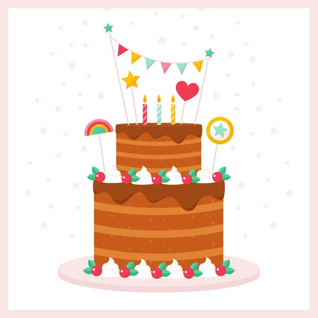 Pastel de cumpleaños de diseño plano con adorno
