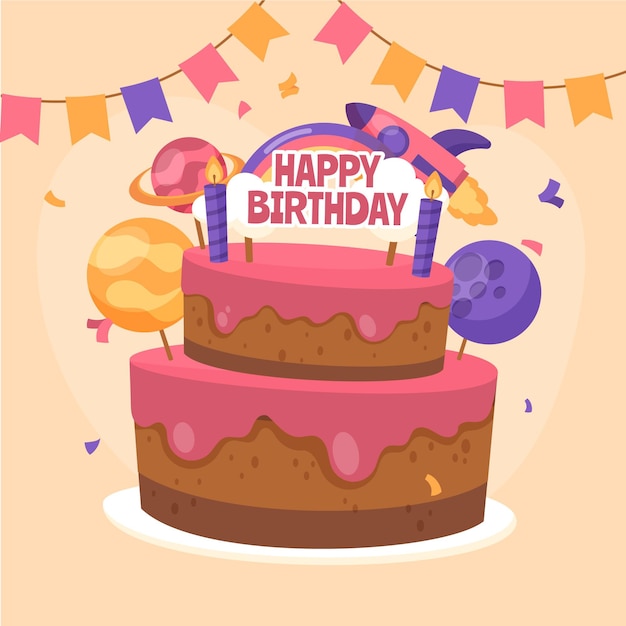 Vector gratuito pastel de cumpleaños de diseño plano con adorno