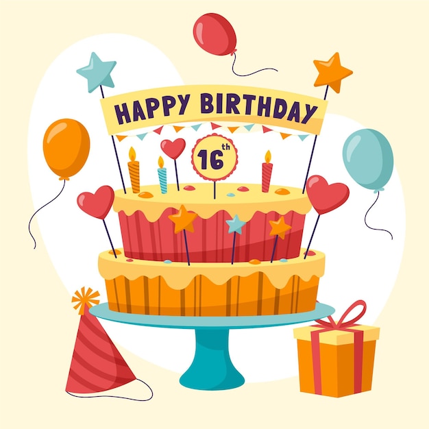 Pastel de cumpleaños de diseño plano con adorno