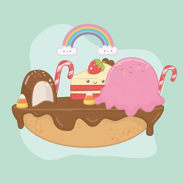 Vector gratuito pastel dulce de crema de chocolate con personajes kawaii.