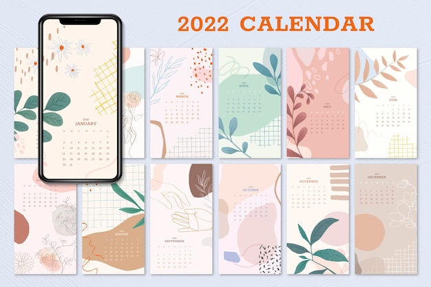 Vector gratuito pastel floral y botánico calendario anual vector imprimible conjunto de plantillas vectoriales