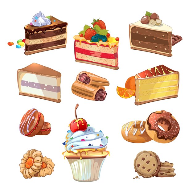 Pastelería en estilo de dibujos animados. Pastel de comida, panadería dulce, bocadillo sabroso con crema, ilustración vectorial
