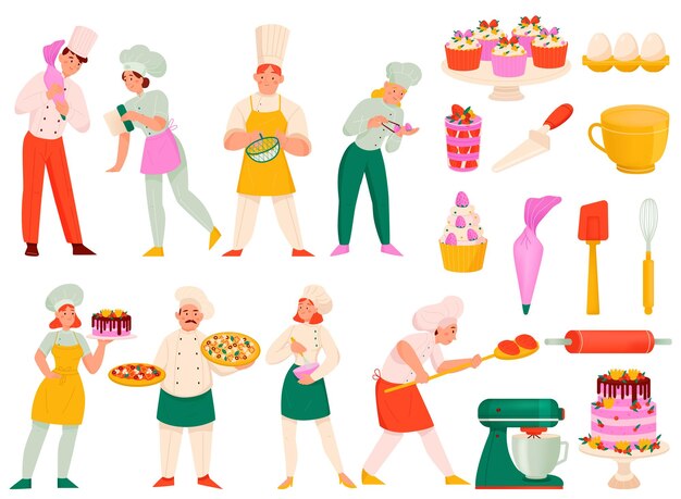 Pasteleros chefs cocinas conjunto de iconos aislados con cupcakes batidor escobas huevos mezcladores y cocinar personajes vector ilustración