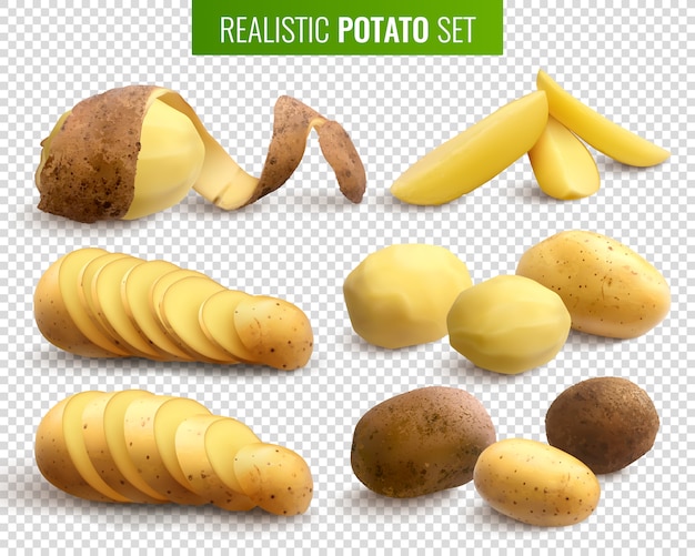 Vector gratuito patatas crudas con raíces enteras y trozos en rodajas