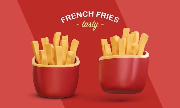 Patatas fritas realistas 3d en paquete rojo aisladas sobre fondo rojo Ilustración vectorial