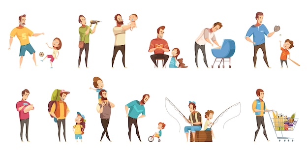 Paternidad de crianza de los niños de compras jugando a pie de pesca con los niños iconos de dibujos animados retro 2 pancartas conjunto aislado vector illustration