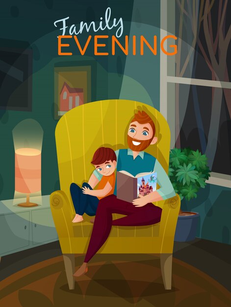 Paternidad, familia, tarde, ilustración