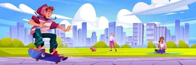 Patinador en el paisaje del vector de dibujos animados de la escena del parque de la ciudad