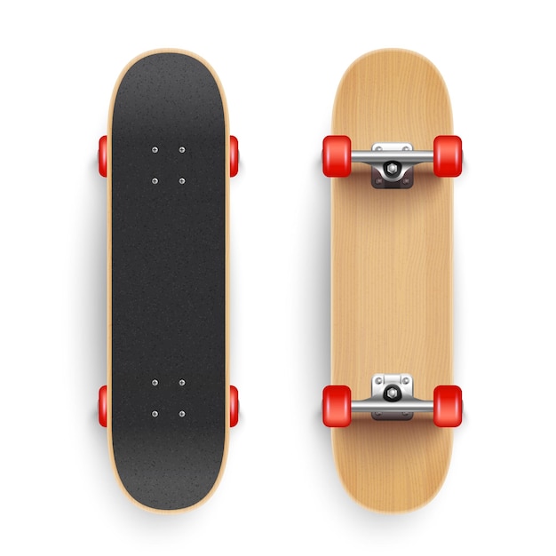 Patineta realista con fondo en blanco y vistas superiores e inferiores aisladas de la ilustración de vector de patineta de madera