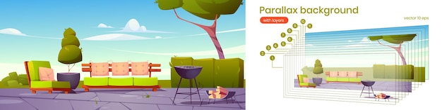 Patio de fondo de paralaje, patio de casa de campo de pueblo, área al aire libre con cómodo sillón suave, sofá, máquina de barbacoa y capas separadas de maderas para animación de juegos 2d, ilustración vectorial