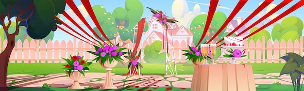 Vector gratuito el patio trasero de la boda con el paisaje de dibujos animados de la valla