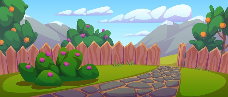 Vector gratuito el patio trasero de la casa con vista a la montaña de primavera