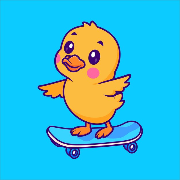 Pato lindo jugando al patineta Icono vectorial de dibujos animados Ilustración Icono deportivo de animales aislado plano