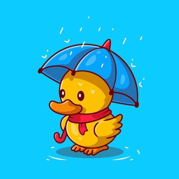 Pato lindo con paraguas en la ilustración de icono de dibujos animados de lluvia