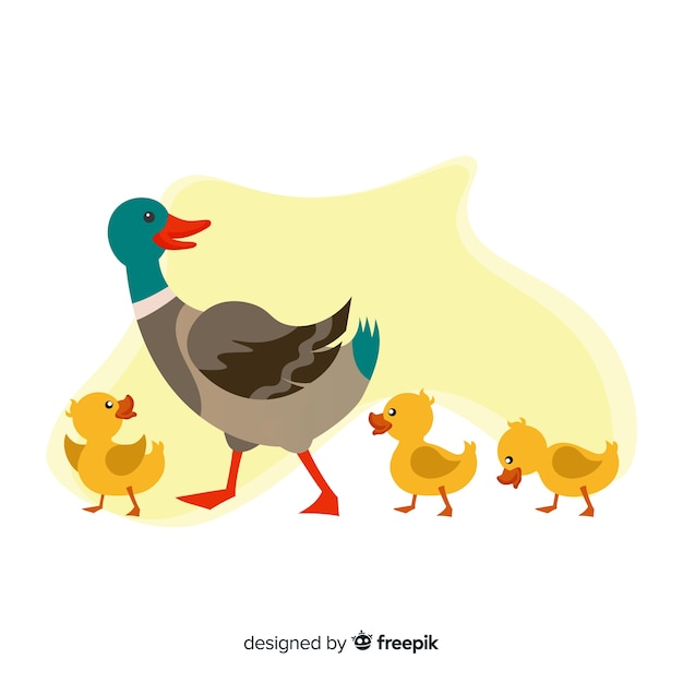 Vector gratuito pato madre plano y patitos