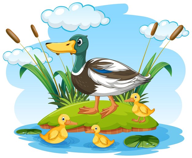 Pato salvaje de dibujos animados con patito