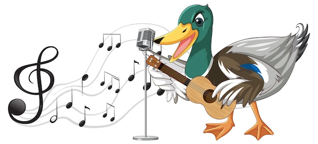 Vector gratuito el pato toca el ukelele de guitarra con nota musical.