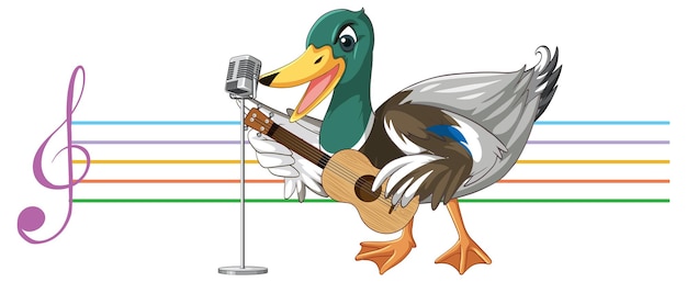 Vector gratuito el pato toca el ukelele de guitarra con nota musical.