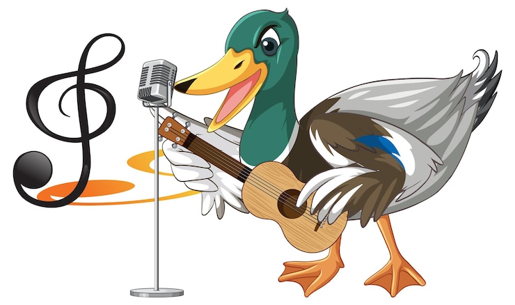 Vector gratuito el pato toca el ukelele de guitarra con nota musical.