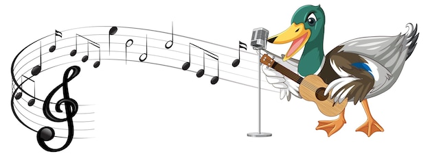El pato toca el ukelele de guitarra con nota musical.