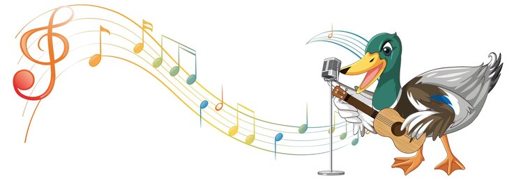 Vector gratuito el pato toca el ukelele de guitarra con nota musical.