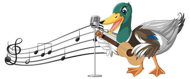 Vector gratuito el pato toca el ukelele de guitarra con nota musical.