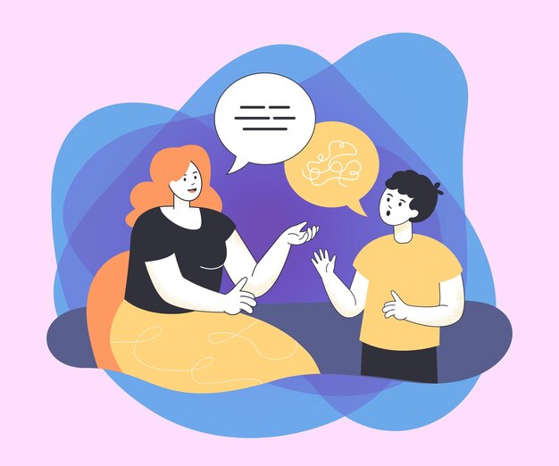 Patólogo de dibujos animados corrigiendo el habla del niño