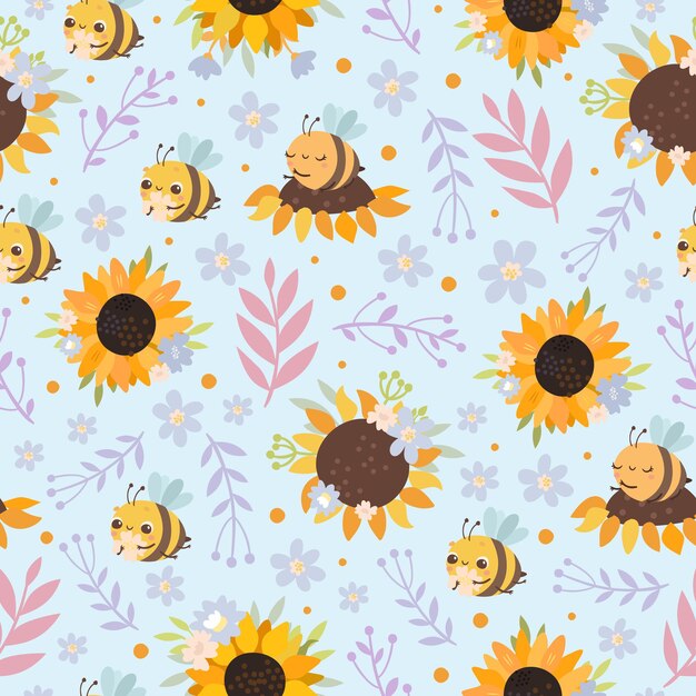Patrón con abejas y girasoles.
