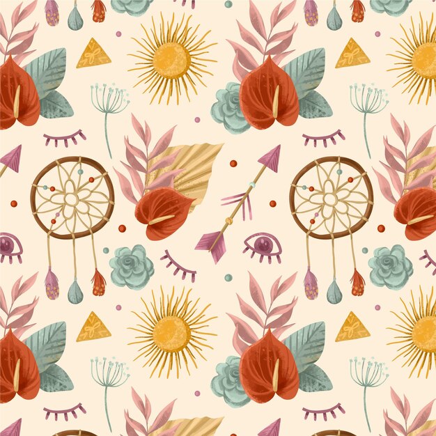 Patrón de acuarela boho con atrapasueños