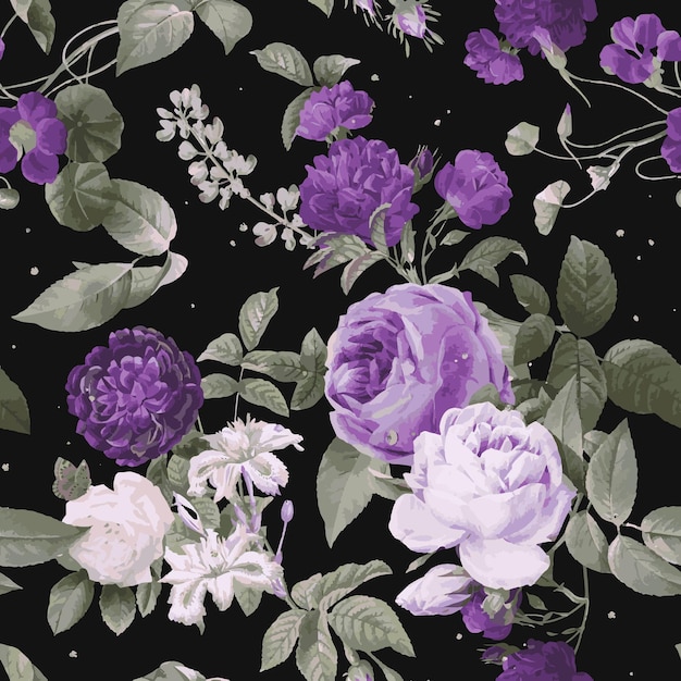 Patrón de acuarela vintage de rosas púrpuras
