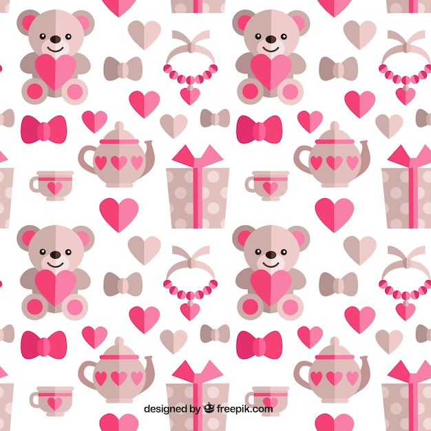Patrón adorable con tetera y objetos de san valentín 