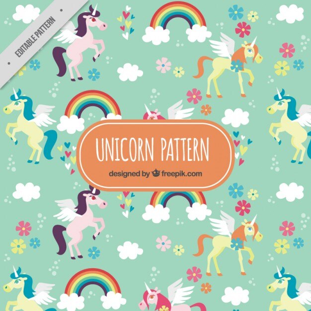 Vector gratuito patrón de adorables unicornios con arcoiris y flores