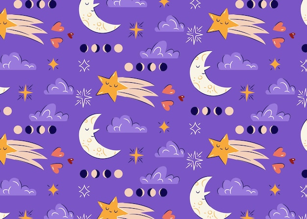 Patrón astrológico dibujado a mano con luna y estrellas