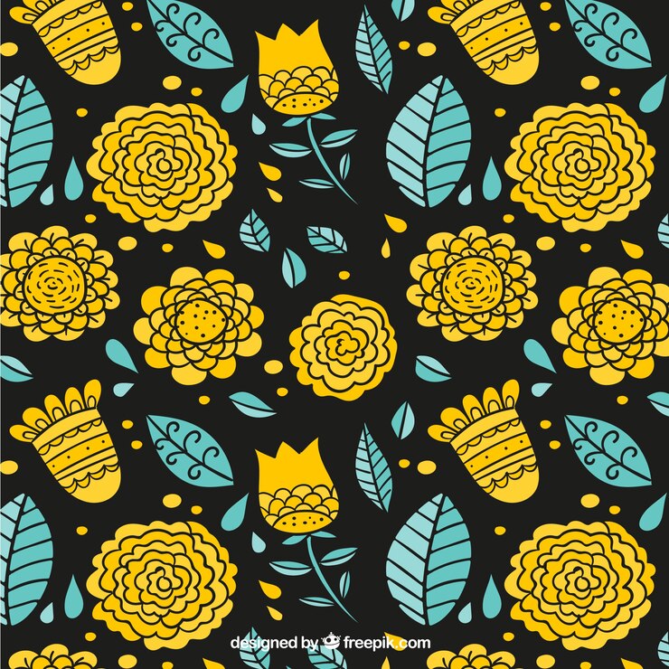 Vector gratuito patrón de bocetos de flores amarillas y hojas 