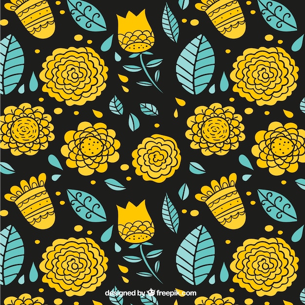 Patrón de bocetos de flores amarillas y hojas 