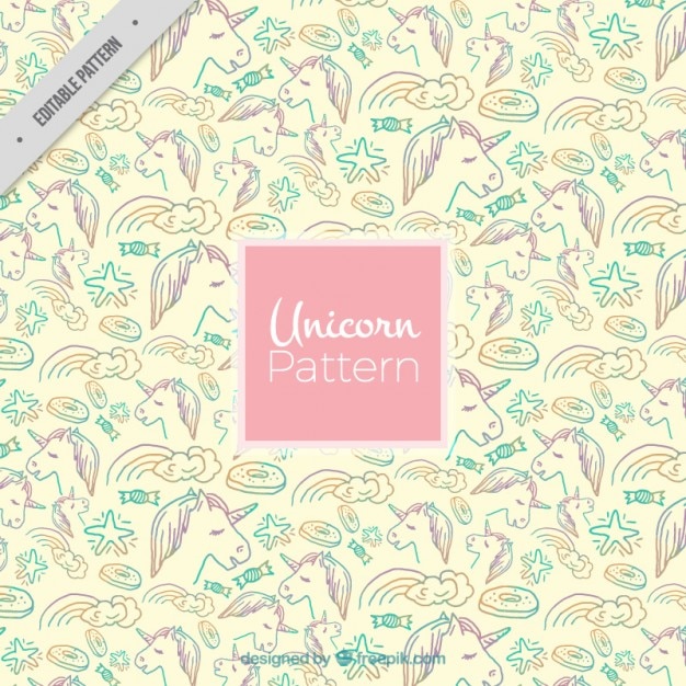 Patrón de bocetos de unicornios con elementos adorables