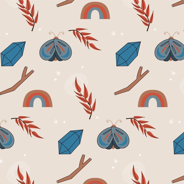 Patrón boho dibujado a mano con insectos
