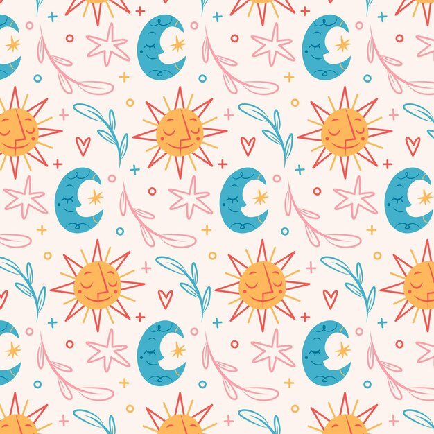 Patron boho dibujado a mano con sol y luna