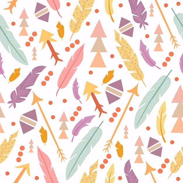 Patrón boho formas geométricas y plumas