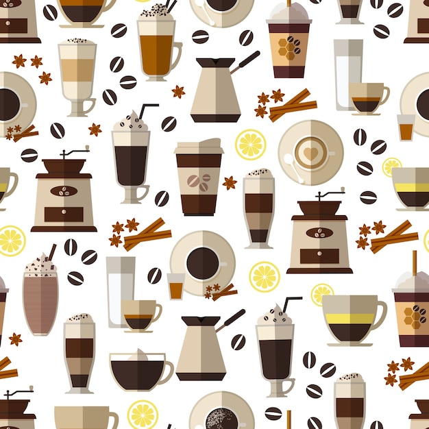 Patrón de café sin costuras en estilo plano. taza y desayuno, bebida y espresso, caliente y cafeína.