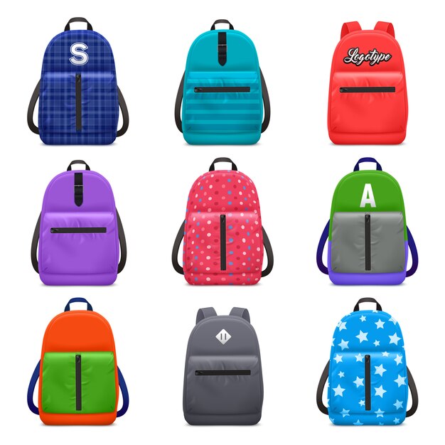 Patrón de color de mochila escolar realista con imágenes aisladas de bolsos de niños con patrones textiles modernos ilustración vectorial