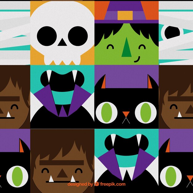 Patrón colorido con caras de monstruos de halloween