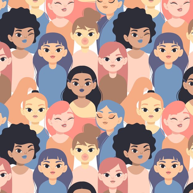 Patrón colorido del día de la mujer con rostros de mujeres