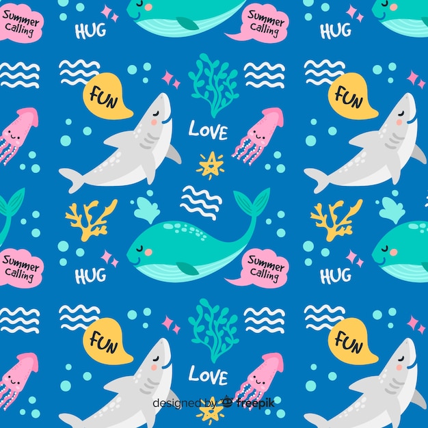 Vector gratuito patrón colorido de garabatos de animales marinos y palabras