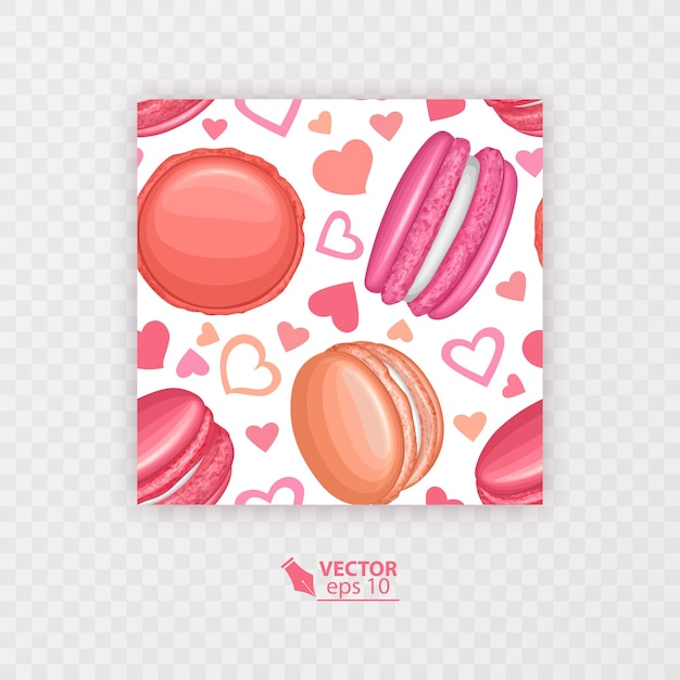 Patrón sin costuras. galletas de macarrones y corazones de color rosa sobre fondo blanco, formato vectorial Vector Premium 