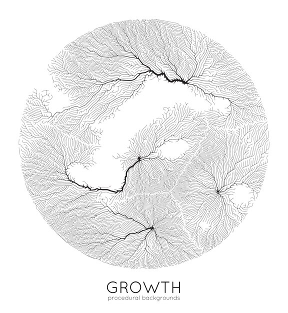 Patrón de crecimiento de rama generativa vectorial Textura redonda Liquen como estructura orgánica con venas Red biológica cuadrada monocromática de vasos
