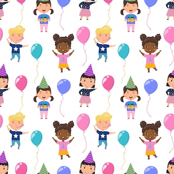 Patrón de cumpleaños sin fisuras con niños. niños y niñas con globos.