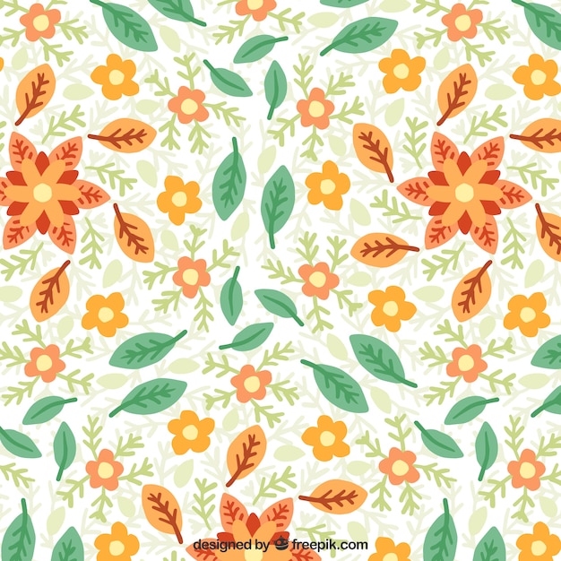 Patrón decorativo con flores y hojas en diseño plano