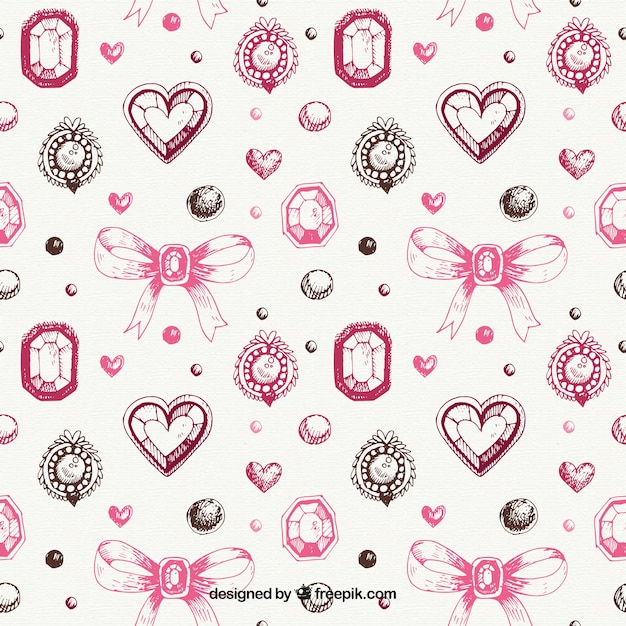 Vector gratuito patrón decorativo de joyas con lazos y corazones dibujados a mano